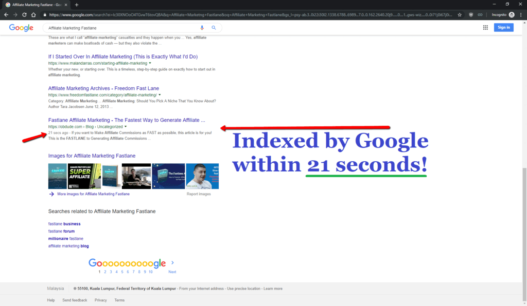 Proof - Screenshot - Indexed On Google In 21 Seconds