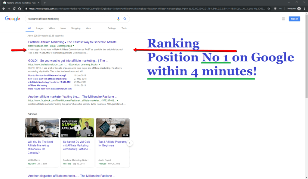 Proof - Screenshot - Ranked Position 1 On Google In 4 Minutes